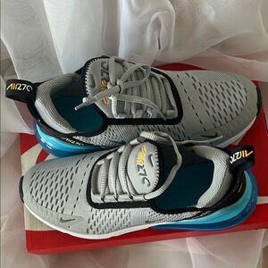 Nike Air Max 270 Gray with Blue and Yellow Accents